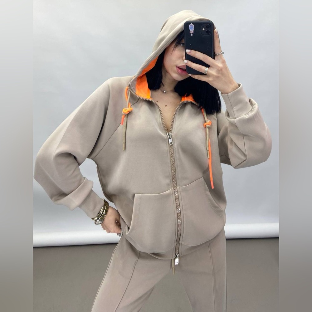 New European Beige Hoodie with Orange Accents